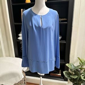 ECRU Blue 100% Silk Etched Detail Blouse Size Large